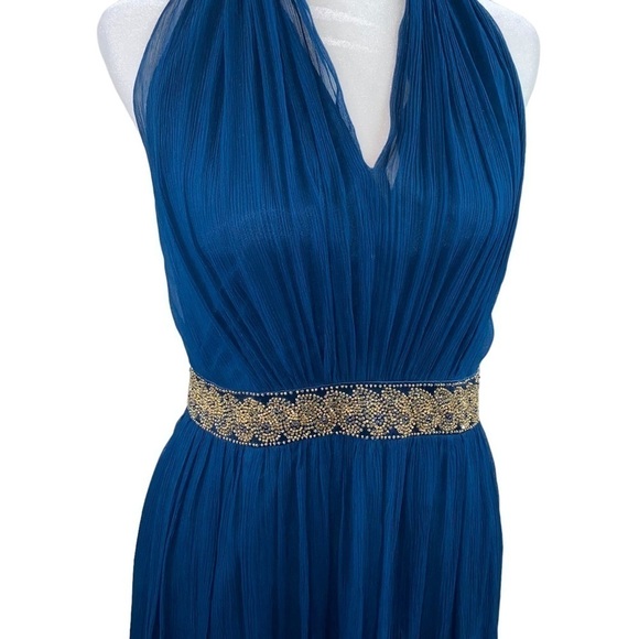 Maggy London Teal‎ Crepey 100% Silk Halter Midi Dress with Beaded Waist Sz 10 - Picture 3 of 8